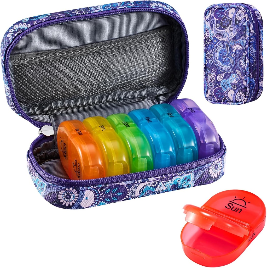 Serfeymi Weekly Travel Pill Organizer 2 Times A Day AM PM Yükseltd Rainbow Pill Box 7 Day with Portatif Ambalaj Deri Pill Case, Medicine Organizer for Pills, Vitamins, Fish Oils - Mor-01