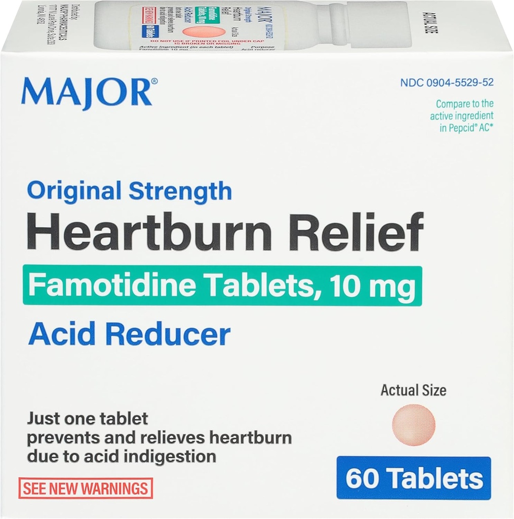 Major Original Strength Heartburn Relief - Famotidine Tabletleri, 10 mg - Asit Çizimi - 60 Tablet