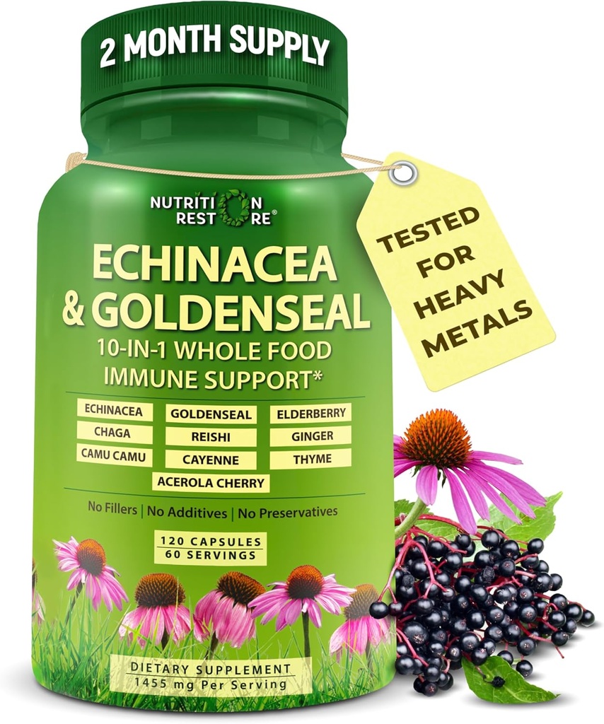 Echinacea Goldenseal Capsules - 1 Immune Support Supplement - 1455 mg - Vegan Echinacea Capsules Supplement Organik Tüm Gıdalarla Yapıldı - Herbal Immune System Support - 2 Ay Supply