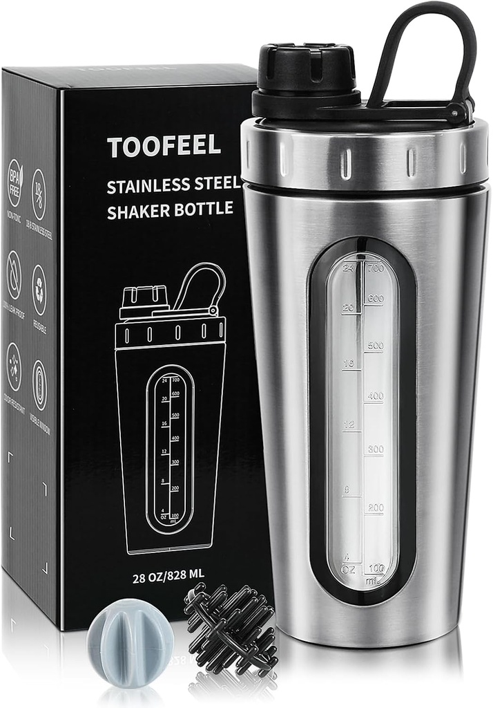 TOOFEEL Shaker Şişeler Protein Mixes 28 oz Paslanmaz Çelik Protein Shaker 2 Mix Ball ile Kalmıyor, Soğuk / Sıcak, Visible Pencere Metal Shaker Cups, Leakproof, Faraday Free Şişe Shaker
