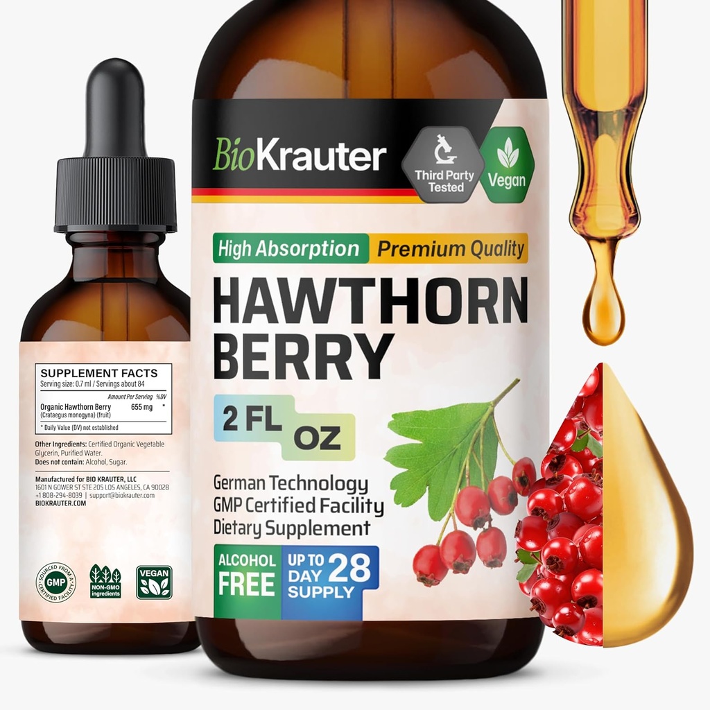 BIO KRAUTER® Hawthorne Berry Supplement - Pure Vegan Hawthorn Berry Liquid Drops 655 mg In Service 2 Fl.Oz 28 Days of Supply - General Support & Daily Wellness - Alkol & Sugar Free