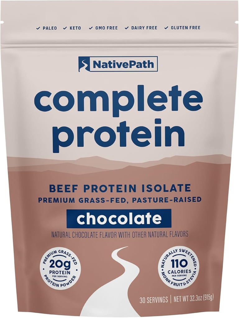 NativePath Complete Beef Protein Powder Isolate – Grass-Fed, Pasture-Raised, Dairy & Lactose Free, Gluten Free, Zero Sugar, MCTs & Amino Acids – 20g Protein, Chocolate Flavor, 30 Servings
