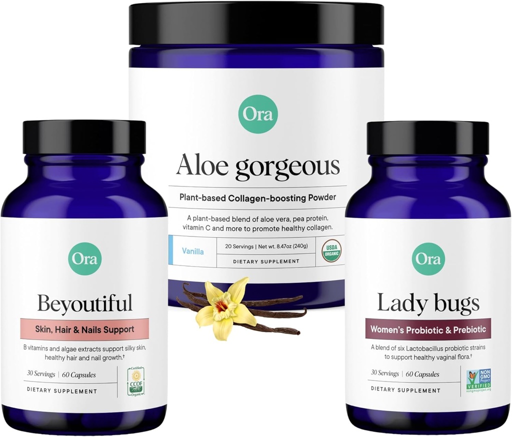 Ora Organik Vegan Collagen, Probiyotiks, Prebiyotiks & BeYouTiful Sche: Aloe Vera - Vanilla Flavor, 20 Hizmet + 60 Vegan Probiyotik Capsules + Saç, Skin, & Nails Desteği, 60 Vegan Capsules