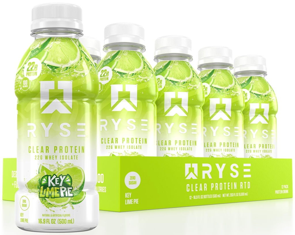 RYSE Clear protein İçilir - Key Lime Pie - 100 Calories, 22g Whey Isolate Protein Shake, Sugar-Free, 0g Fat & Lactose-Free - Yenileme Hazır-Drink İçecek - 16.9 fl oz Şişeler (12-Pack)