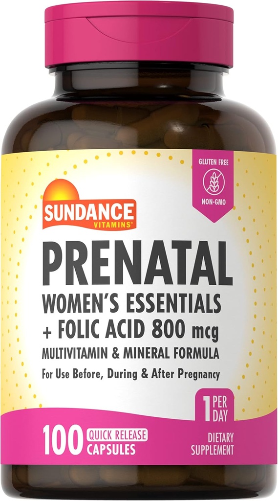 Sundance Prenatal Multivitamin | Folic Acid | 100 Hızlı Yayın Kapsülleri | 800 mcg | Non-GMO, Gluten Free Supplement for Women