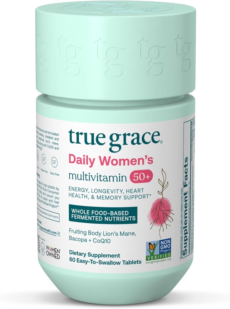True Grace Daily Women’s Multivitamin 50+ - 60 Easy-to-Swallow Tablets - Immune, Energy, Longevity & Memory Support - Vegan - Gluten, Soy & Iron Free - 30 Servings