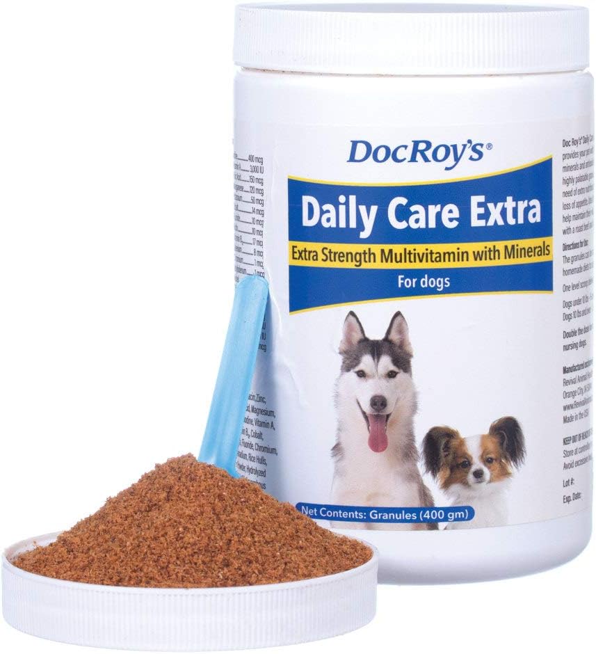 Doc Roy's Daily Care Extra, Advanced Multivitamin for Dogs, Supports Ενέργεια, Ανοσοποιητικό, Μυϊκό, Οστό και Εγκεφαλική Υγεία, Παρέχει Βιταμίνες A C D3 E B Complex, Σίδηρος ψευδάργυρος Μαγνήσιο Ιώδιο, Κατασκευασμένο στις ΗΠΑ 400 gm