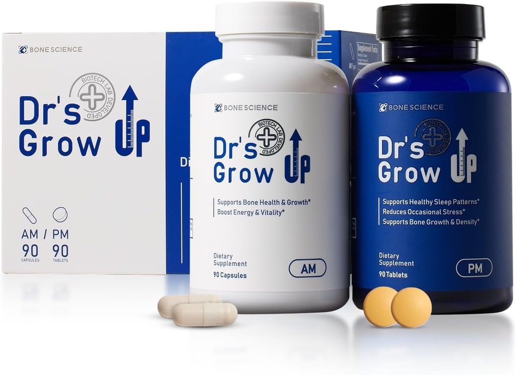 BONE SCIENCE - Dr's Grow UP AM & PM - Çocuklar ve Gençler için Premium Günlük Beslenme Desteği, Bone & Joint Health ve Immune Support, Morning & Night Formula - 90 Capsules & 90 Tabletler