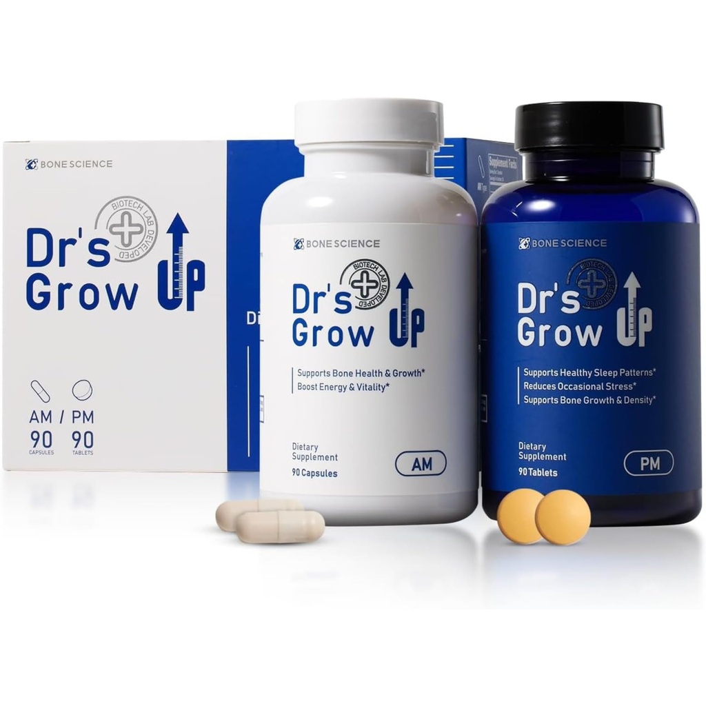 BONE SCIENCE - Dr's Grow UP AM & PM - Çocuklar ve Gençler için Premium Günlük Beslenme Desteği, Bone & Joint Health ve Immune Support, Morning & Night Formula - 90 Capsules & 90 Tabletler