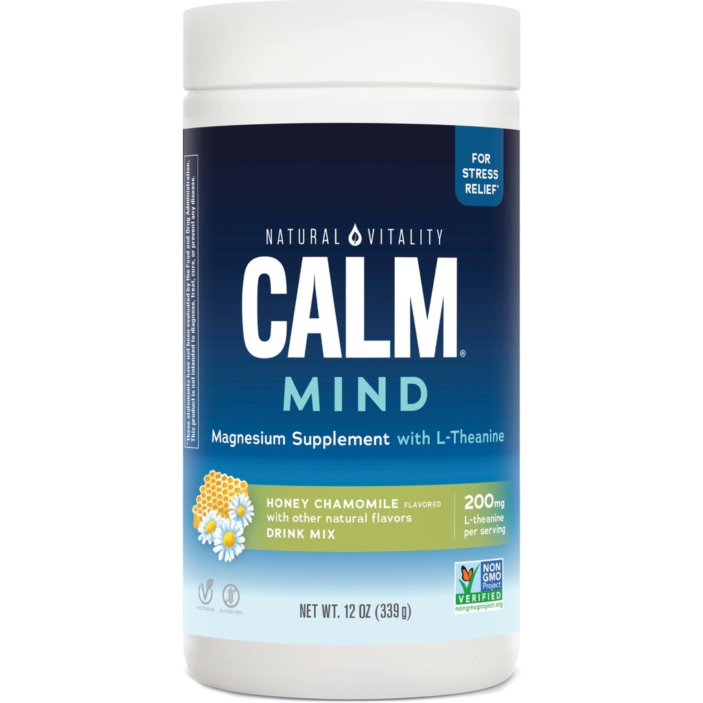 Doğal Vitality Calm Mind Magnezyum, Citrate + L-Theanine Toz, Strese Sağlıklı Bir Yanıt Destek, Gluten Free & Vegetarian, Honey Chamomile, 12 oz.