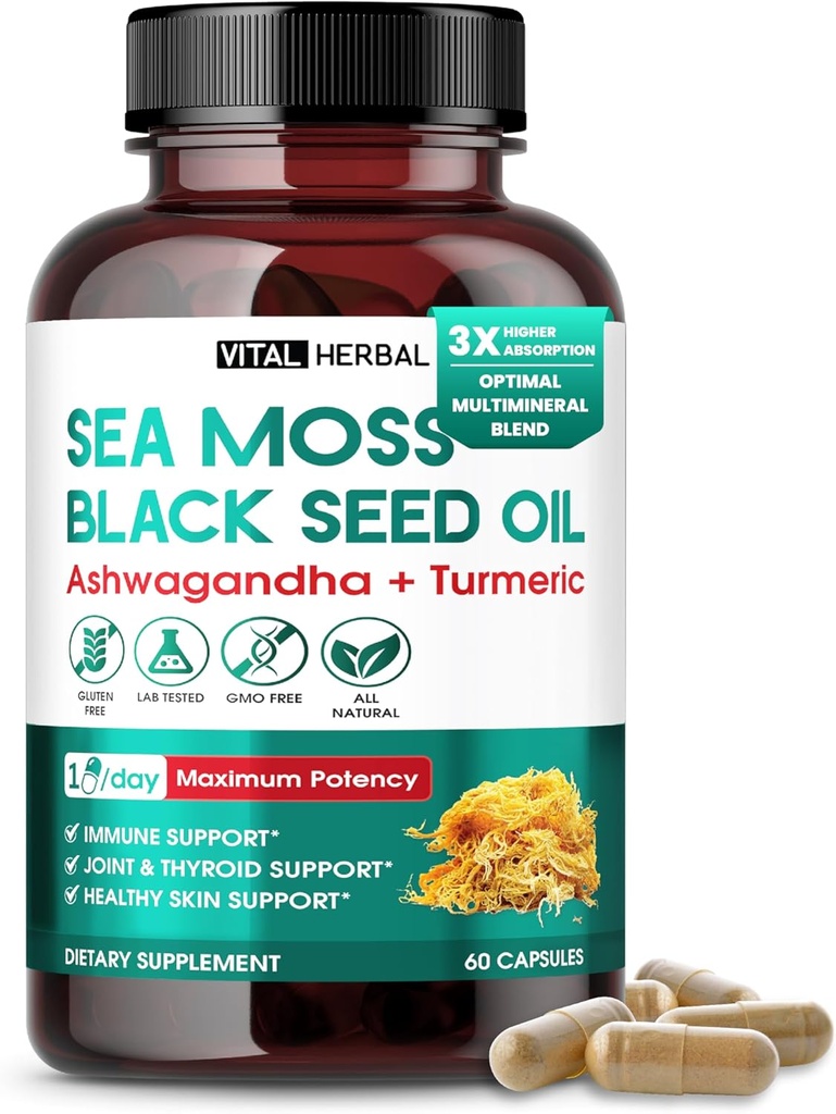 Sea Moss, Black Seed Oil, Ashwagandha, Turmeric & Moringa – Immune, Ortak & Skin Support Supplement – 60 Capsules – Vital Herbal – Lab-Tested, Non-GMO, Made in USA