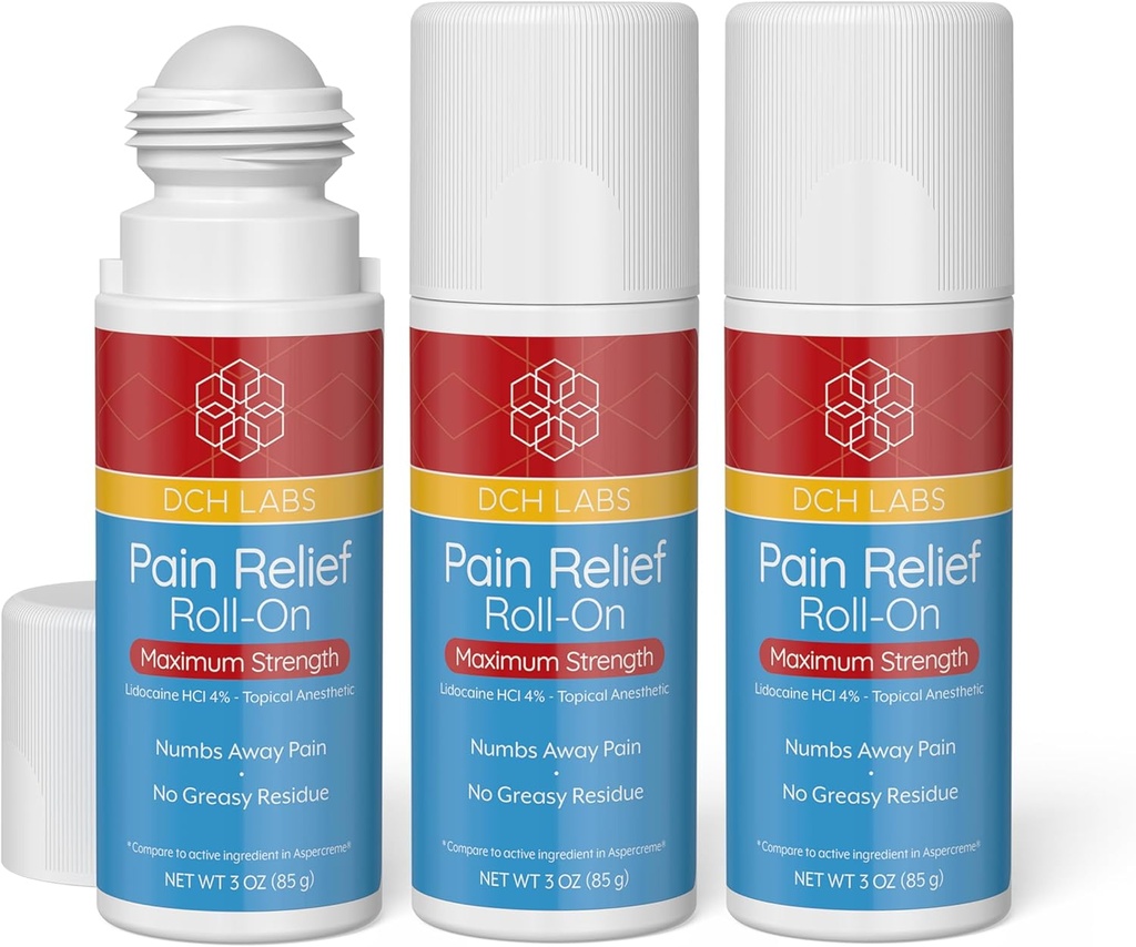 Maximum Strength Pain Relief Roll-on, 3 oz Value Size, Lidocaine 4%, Numbs Pain Away, Nerve Pain, (3 Pack)
