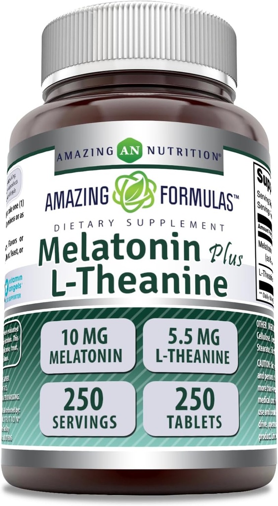 Amazing Formulas Melatonin Plus L-Theanine 10 mg Tablet Tamam | Non-GMO | Gluten Free | Made in USA (10 mg, 250, Count)