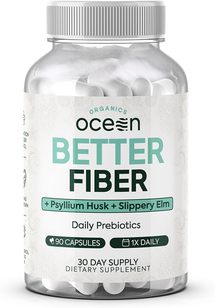 Organiks Ocean Better Fiber - Daily Fiber Supplement - Soften Stool for Effortless Bowel Hareketler - Psyllium Hulk ve Terpery Elm - 90 Capsules