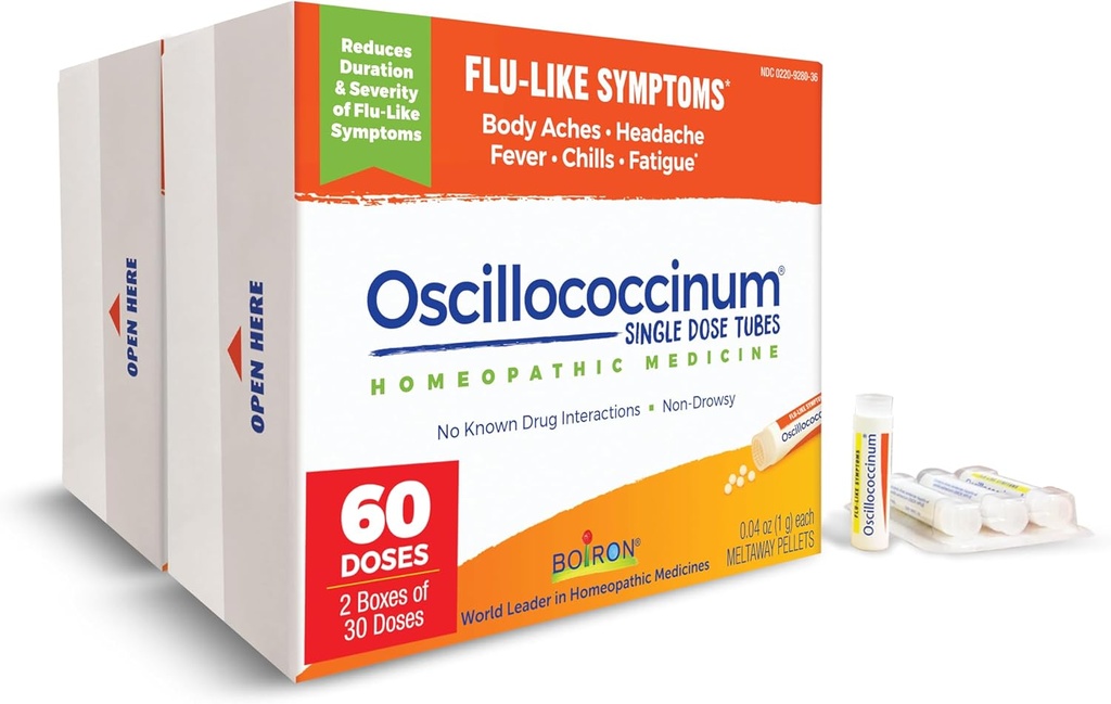 Boiron Oscillococcinum for Relief from Flu-Like Symptoms of Body Aches, Headache, Fever, Chills, and Fatigue - 60 Doses (Pack of 2)