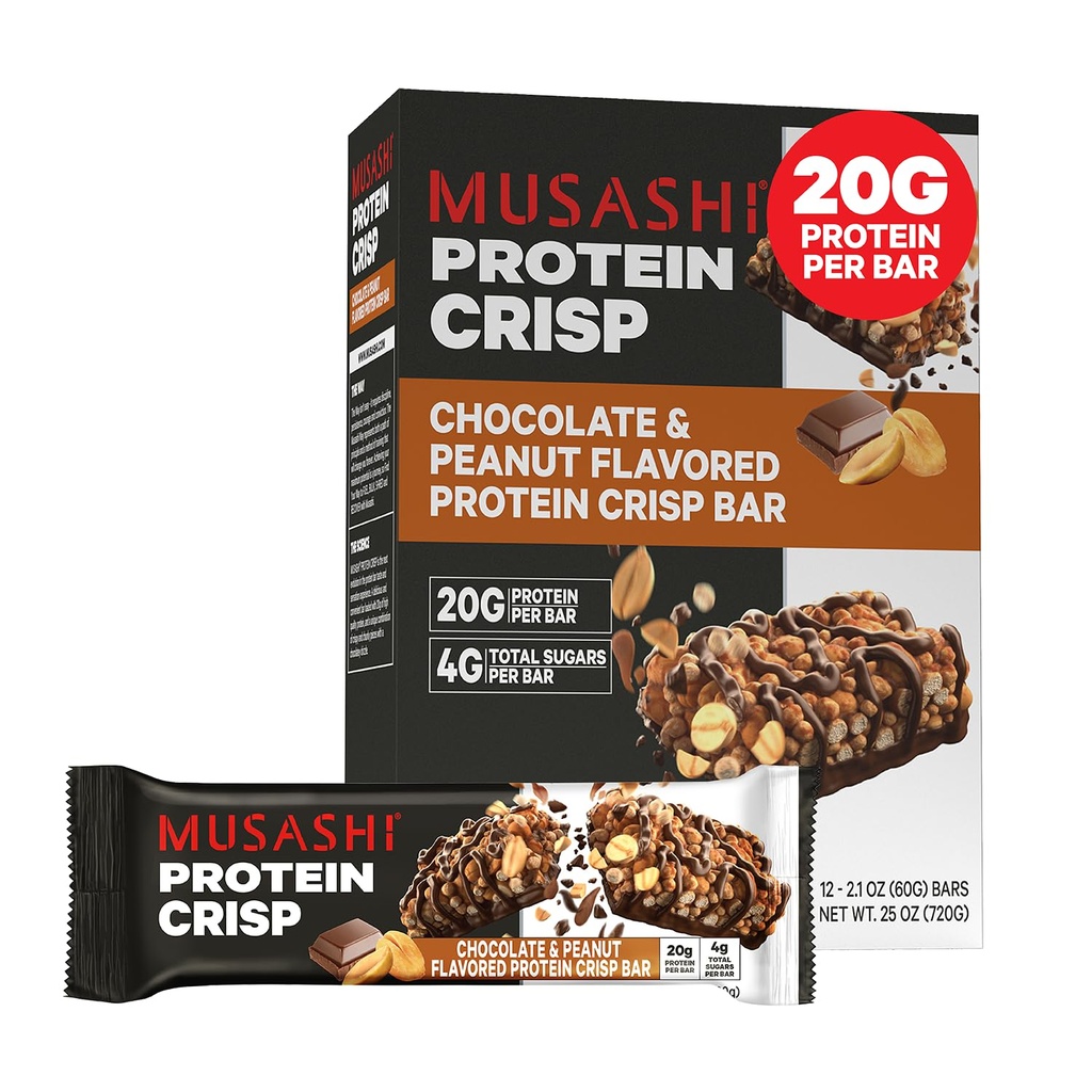 MUSASHI Protein Crisp Bar, 20g protein, 4g Total Sugars, Chocolate & Peanut, Post Workout and Snack On The Go, 12 Pack of 2.1oz (60g) Bars