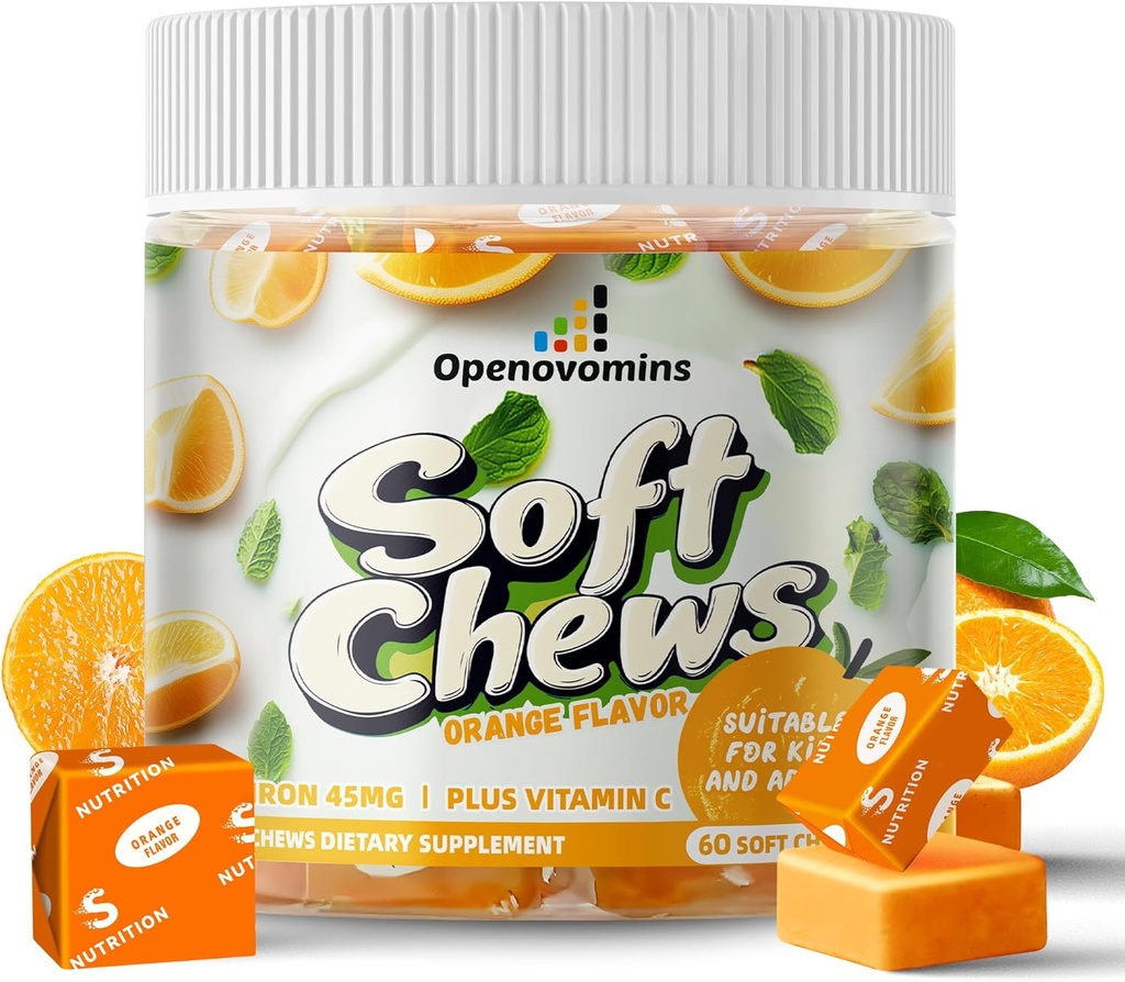 Demir Supplement Chews with Vitamin C for Women Men and Kids, Natural Vegan Iron Soft Chew with Vitamin B6,B12,D,ba & çinko - Enerji Desteği, 60 Orange SoftChews,2 ay Supply