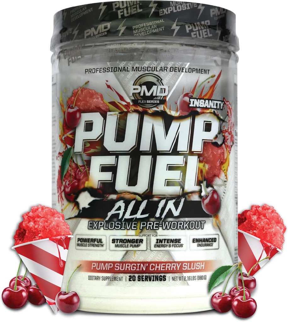 PMD Sports Pump Yakıt All in Insanity, Ultimate Pre Workout Toz & Muscle Pump, Maximum Strength Energy, Focus, Endurance & Recovery, Kre Surgin & Beta Alanine, Pump Surgin' Cherry Slush, 20 Hizmetler
