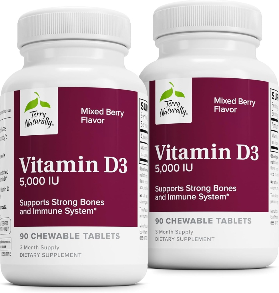 Terry Natural Vitamin D3 - Bone Health & Bone Strength Support Supplement - Immune System & Brain Support - 5000 IU Vitamin D Tabletleri Karma Berry Flavor - 90 Chewable Tabletler (Pack of 2)