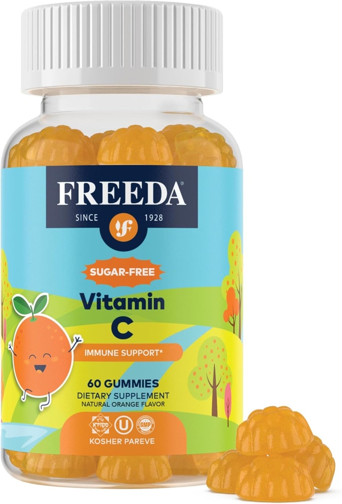 FREEDA C Çocuk Vitaminleri C Gummies - Çocuklar Şeker Ücretsiz VIT C Gummy Chewable for Yetişkinler, Gençler ve Çocuklar - Sertifikalı Kosher, Delicious Orange Flavor, Zero Sugar Immune Support Supplement (60 Ct)