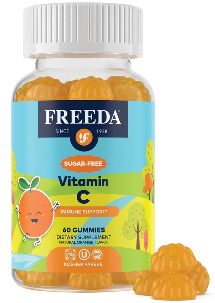FREEDA Vitamin C Kids Vitamin C Gummies - Παιδική ζάχαρη δωρεάν VIT C Gummy Μασώμενα για ενήλικες, εφήβους & παιδιά - Πιστοποιημένος Kosher, Νοστιμότατο άρωμα πορτοκαλιού, Zero Sugar ανοσοποιητική υποστήριξη συμπλήρωμα (60 Ct)