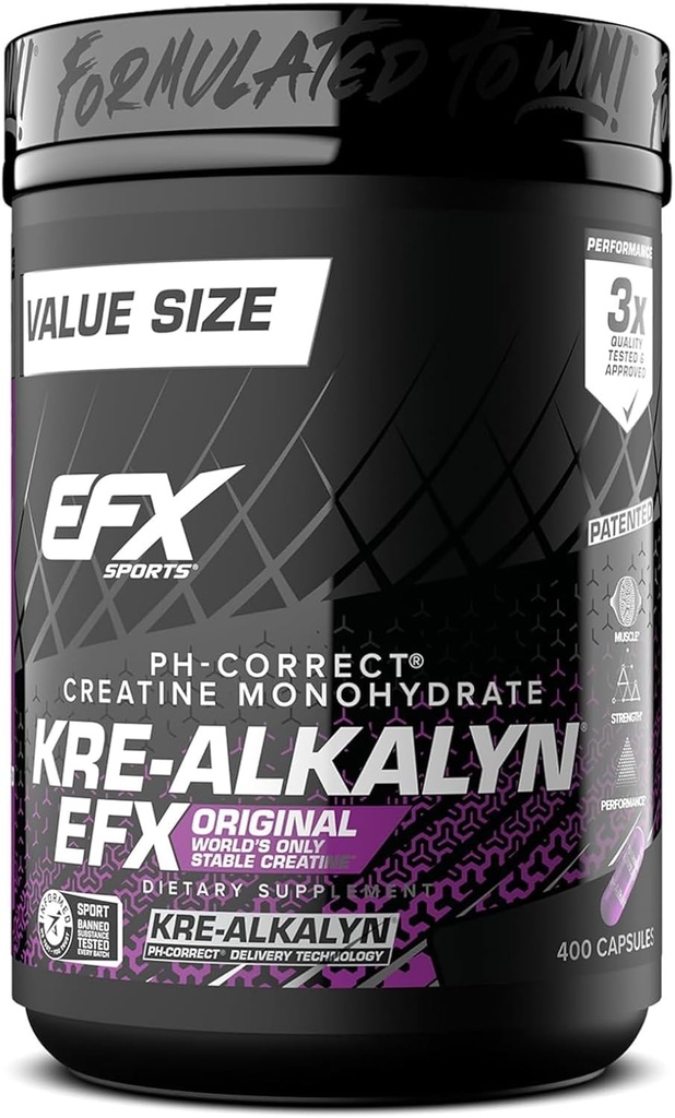 EFX Sports Kre-Alkalyn EFX | pH Doğru Krein Monohidrat Pill Supplement | Güçlü, Kas Büyüme ve Performans | 200 Hizmet, 400 Capsules