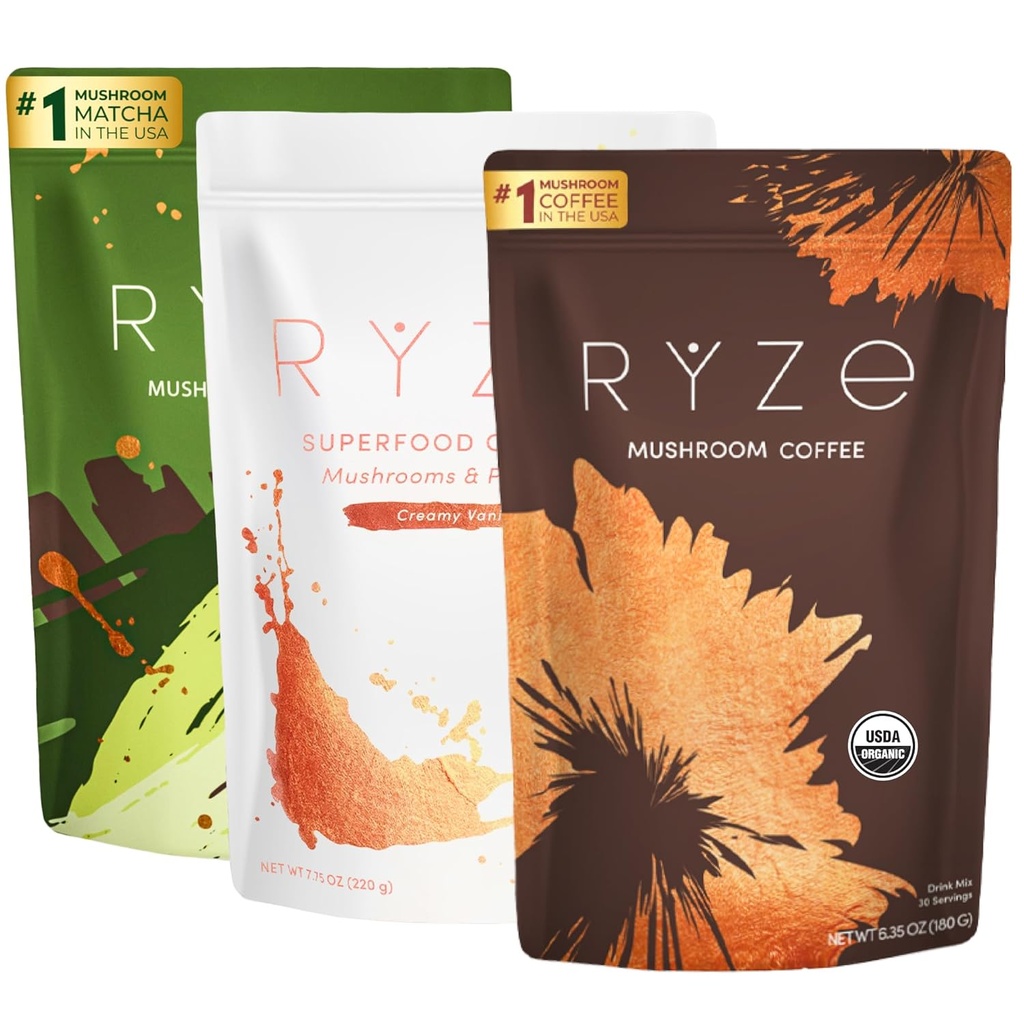 RYZE SFOODS Ultimate Energy Sche, USDA Organik Mushroom Coffee & Mushroom Matcha + Probiyotik Kremer with 6 Adaptojenik Mushrooms for Better Energy, Focus, Digestion, Immunity, 30 her birine hizmet vermektedir