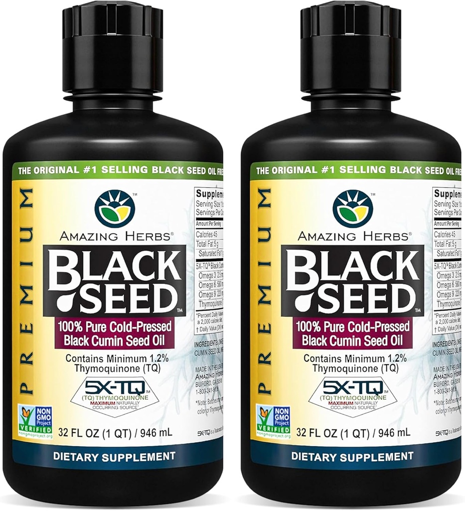 Amazing Herbs Premium Black Seed Oil - Ψυχρό Πιέζεται Nigella Sativa Aids σε Digestive Υγεία, Ανοσολογική Υποστήριξη, Λειτουργία του εγκεφάλου, Κοινή Κινητικότητα, Χωρίς Γλουτένη, Μη ΓΤΟ - 32 FL Oz (Pack of 2)