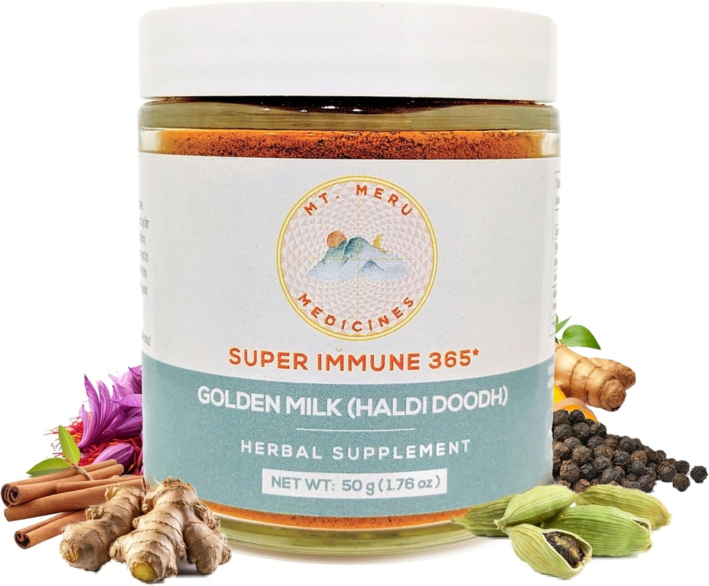 Mt.Μερού φάρμακα Ayurvedic Haldi Doodh/Χρυσό γάλα Superblend- με ανοσοενισχυτική φόρμουλα, Gluten-free, για την υγεία του εγκεφάλου, υποστήριξη Gut με υψηλή κουρκουμίνη Lakadong Turmeric (1,76oz/50g)