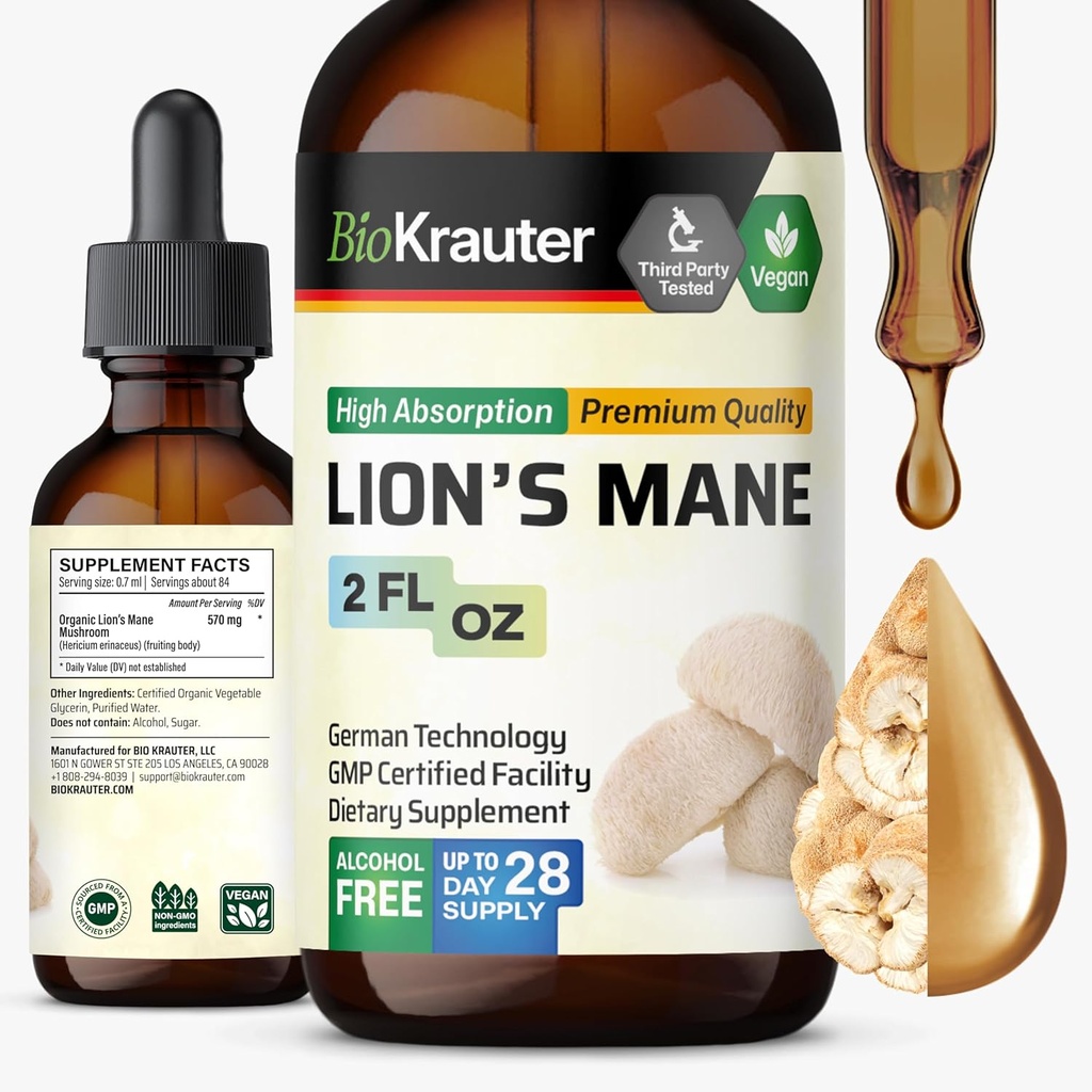 BIO KRAUTER Lions Mane Liquid Extract - Mushroom Supplement for Brain Support - Vegan Lions Mane Supplement - Alkol & Sugar Free Drops - 2 Fl.Oz.