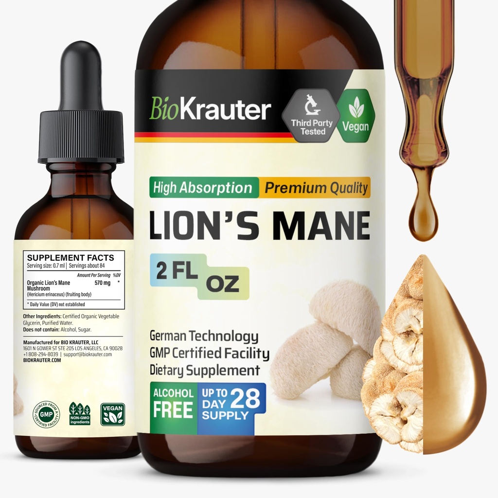 BIO KRAUTER Lions Mane Liquid Extract - Mushroom Supplement for Brain Support - Vegan Lions Mane Supplement - Alkol & Sugar Free Drops - 2 Fl.Oz.
