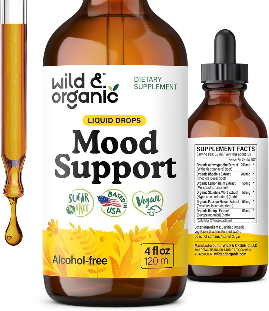 Wild & Organic Mood Support Supplement - Φυσικό υγρό σταγόνες για θετική ενέργεια - Ήρεμο συμπλήρωμα μυαλού για τις γυναίκες και τους άνδρες - μη Alcohol Ashwagandha & Rhodiola Rosea Root Βάμμα για καλή Mood - 4 oz