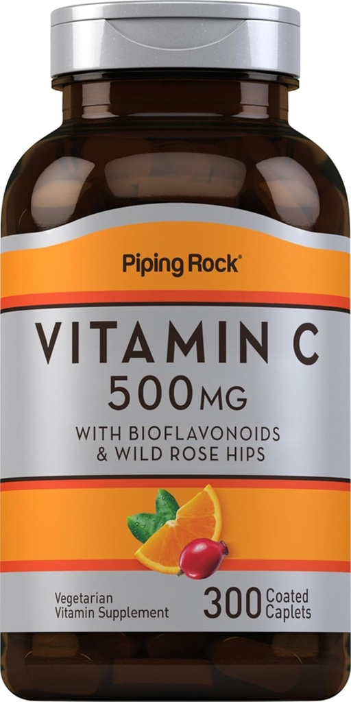 Piping Rock Vitamin C 500 mg | 300 Caplets | Rose HIPS ve Bioflavonoids | Kadınlar ve Erkekler için Tamam | Vejetaryen, Non-GMO, Gluten Free