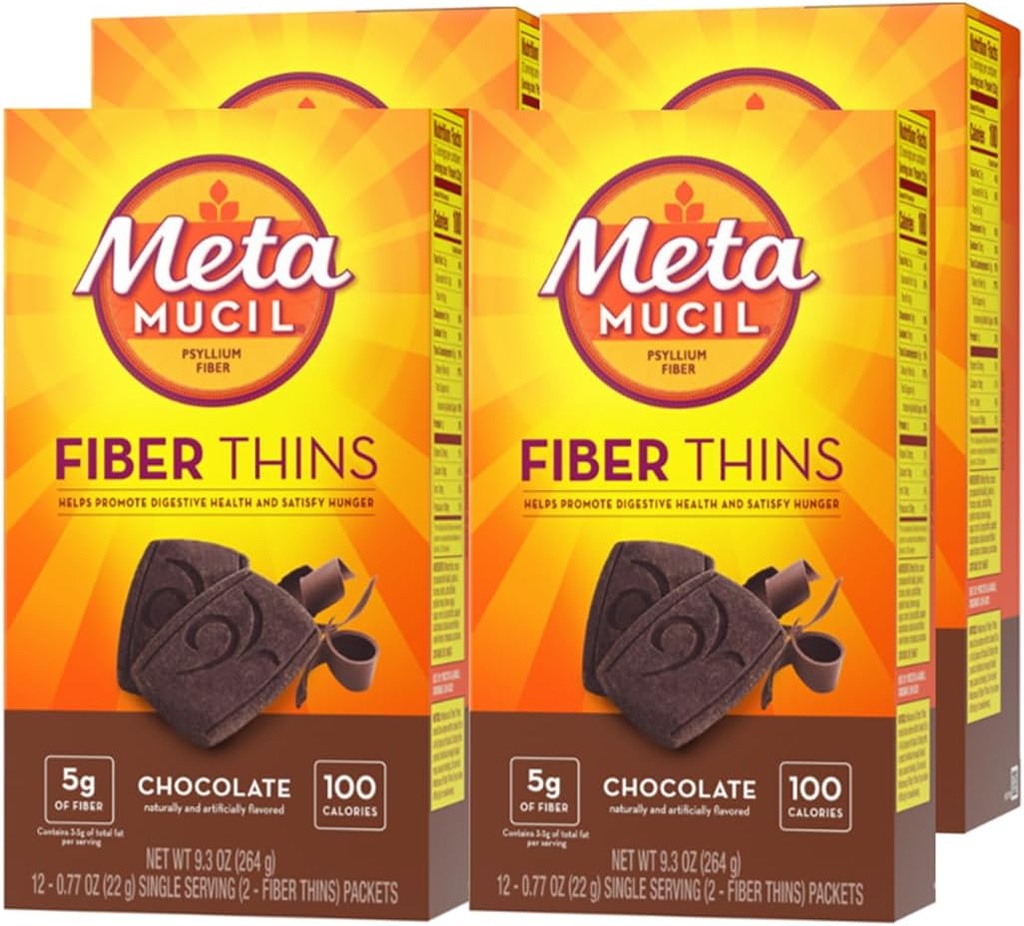Metamucil, Fiber Thins, Καθημερινή Psyllium συμπλήρωμα ινών Husk, Υποστηρίζει Digestive Υγεία και Ικανοποιήσεις Πείνα, Σοκολάτα Γεύση, 48 Σύνολο Σερβίρει (4 συσκευασίες των 12)