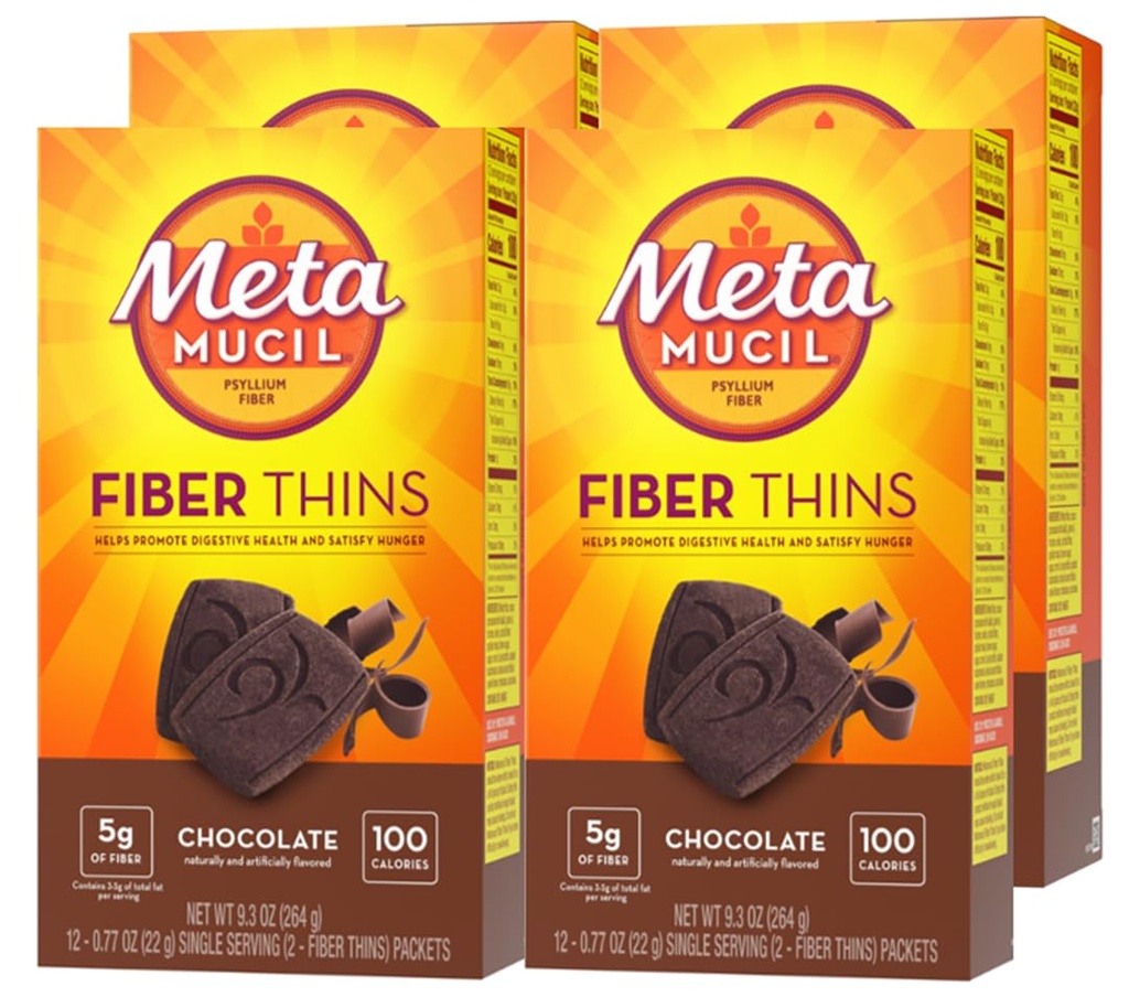 Metamucil, Fiber Thins, Καθημερινή Psyllium συμπλήρωμα ινών Husk, Υποστηρίζει Digestive Υγεία και Ικανοποιήσεις Πείνα, Σοκολάτα Γεύση, 48 Σύνολο Σερβίρει (4 συσκευασίες των 12)