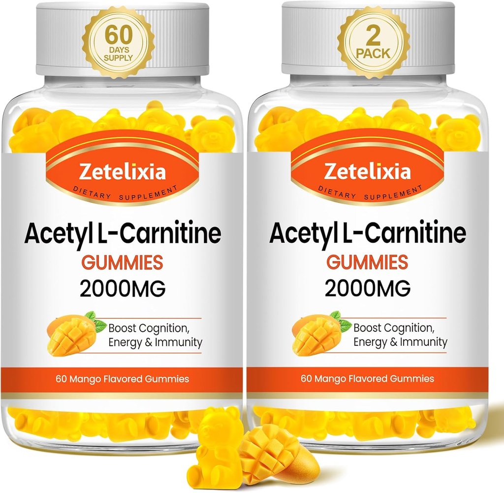 2 Pack Acetyl L-Καρνιτίνη Gummies, L-Καρνιτίνη συμπλήρωμα για γυναίκες & άνδρες, συμπλήρωμα διατροφής για την ενίσχυση της ενέργειας, ανοσία & Εγκεφαλική Υγεία, Vegan, μη-GMO, Mango Γεύση, 120 Count