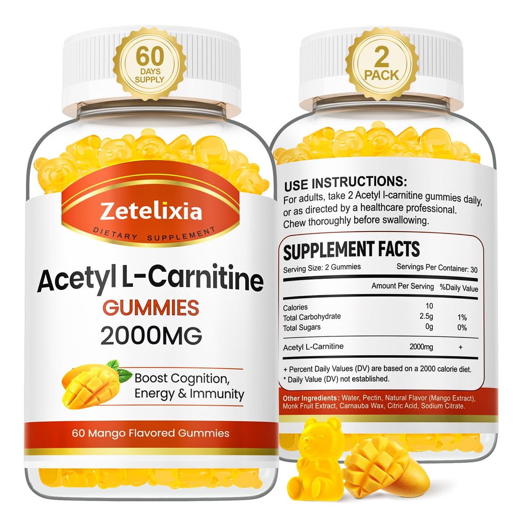 2 Pack Acetyl L-Carnitine Gummies, L-Carnitine Supplement for Women & Men, Beslenme Supplement for Boost Energy, Immunity & Brain Health, Vegan, Non-GMO, Mango Flavor, 120 Count