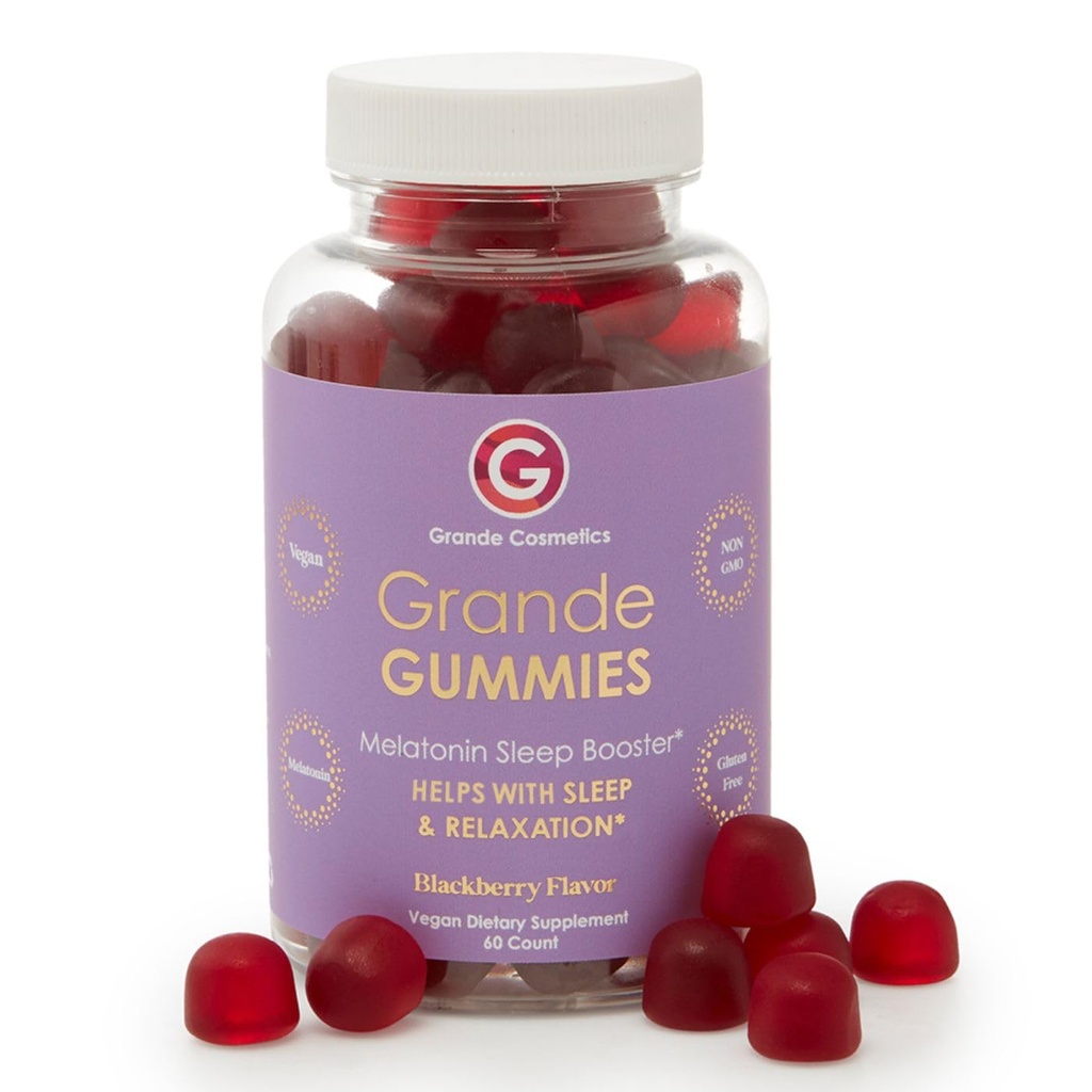 Grande Cosmetics Vegan Melatonin Sleep Aid Gummies for Yetişkinler with 5 mg Melatonin - Gluten Free, Non GMO - 2 Ay Supply, 60 Tablet, Blackberry Flavor