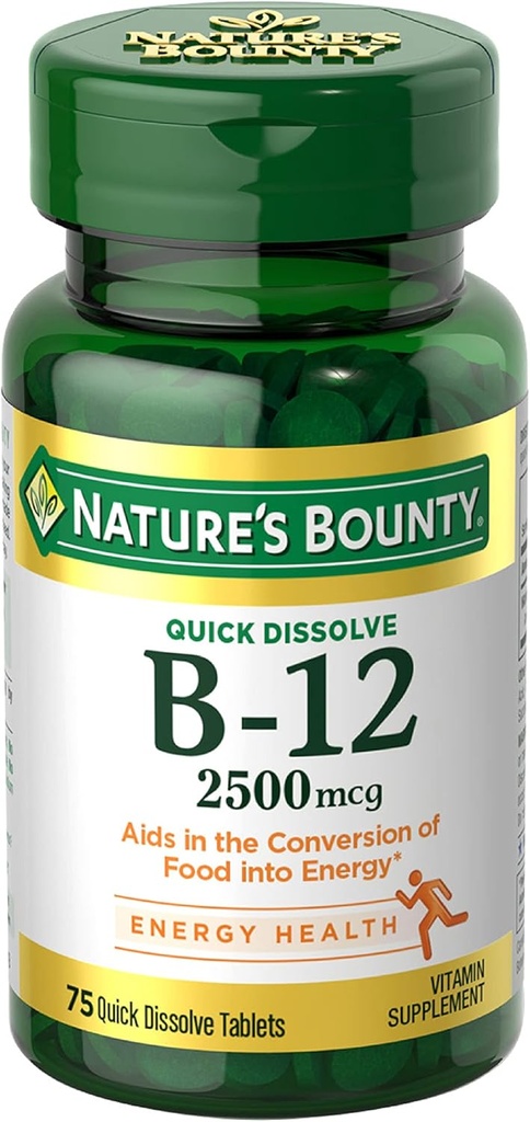 Nature's Bounty Vitamin B12 2500 mcg, Cellular Energy Support, for Energy Metabolism, Heart & Nervous System Health, 75 Quick Dissolve Tabletleri