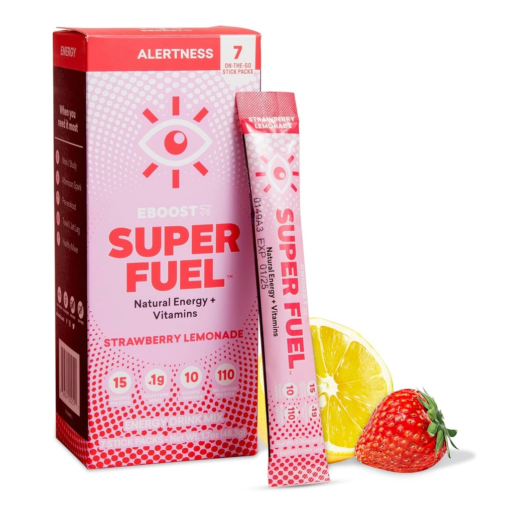EBOOST Enerji İçecek Toz, Süper Yakıt - Strawberry Lemonade, 7 Packets - Pre-Workout Toz Enerji İçecek Mix - Doğal Enerji, L-Tyrosine, L-Theanine & Vitamins - Kadınlar ve Erkekler için Preworkout