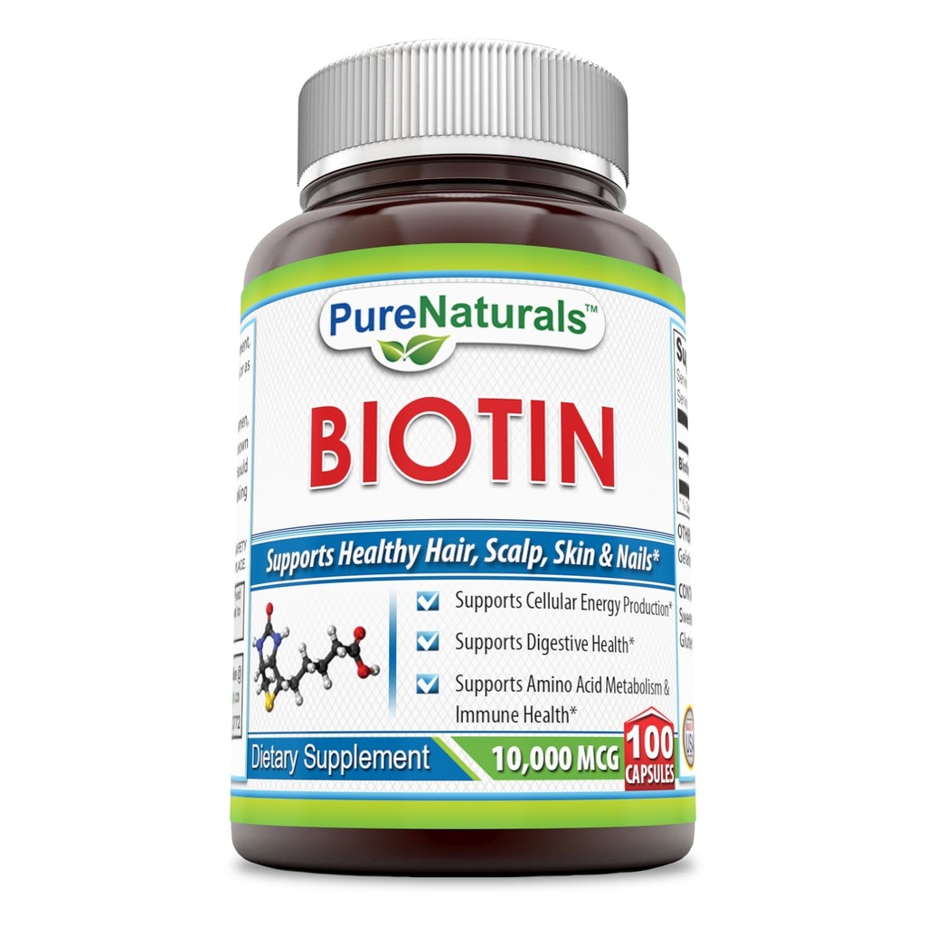 Pure Naturals Biotin 10.000 Mcg, 100 Capsules- Sağlıklı Cilt ve Saçları Destekliyor - Genel Olarak İyi Sağlık Sağlığını Teşvik Ediyor