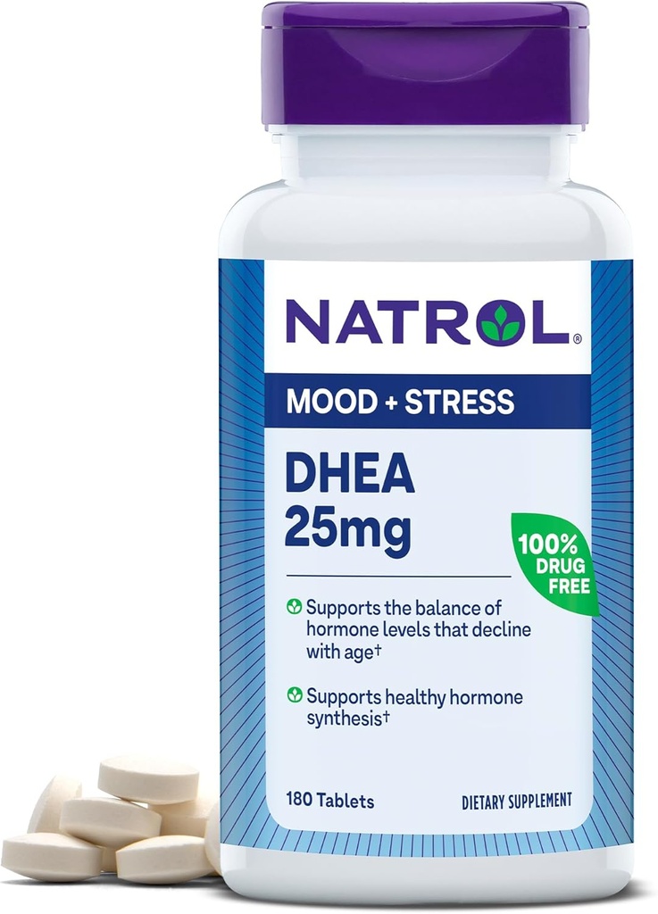 Natrol Mood & Stress DHEA 25mg withdis, Diyetary Supplement for Balance of certain Hormon Seviye ve Mood Support, 180 Tablet, 180 Day Supply