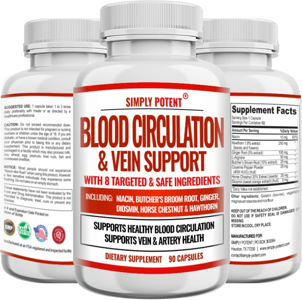 Blood Circulation & Vein Support Supplement, 90 Caps, Helps with Spider and Varicose Veins, Supports Vessels, Leg and Cardiagesal Health with Niacin, Ginger, Cayenne Pepper