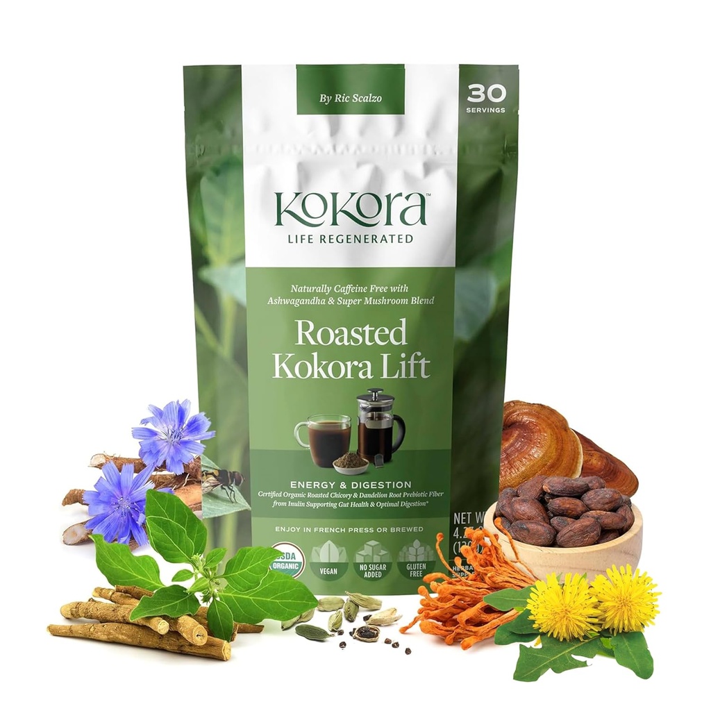 kokora - Roasted Kokora Lift - Dandelion, Chicory, Ashwagandha Root Toz Super Mushrooms - Energizes ve Sağlıklı Digestion - Vegan, Gluten Free, Nodrew Sugar - 30 Hizmet - 120g