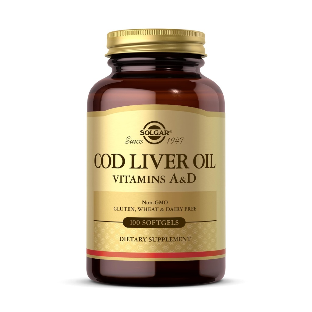 Solgar Cod Liver Oil - 100 Softgels - Παρέχει Βιταμίνες Α & D - Μη ΓΤΟ, Χωρίς Γλουτένη - 100 Μερίδες
