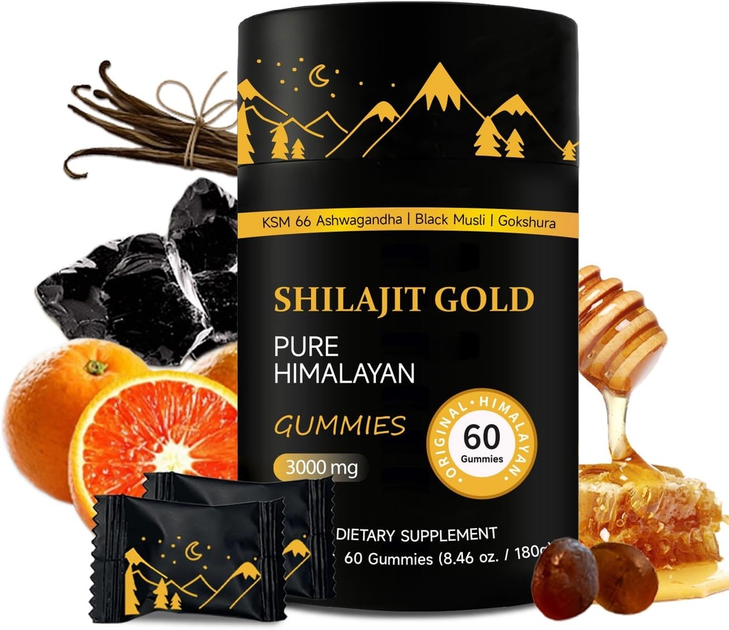 Shilajit Gummies | Pure Himalayan Shilajit Gummies Gold | Ashwagandha, Gokshura | Fulvic Acid & 85+ Trace Minerals for Men, Women | Non-GMO | Lab Tested | No Added Sugar I 60 Gummy