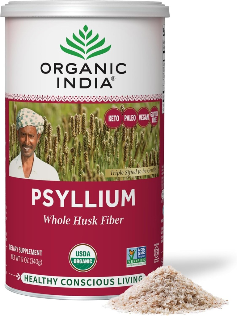 ΟΡΓΑΝΙΚΗ ΙΝΔΙΑ Φυτική σκόνη Psyllium - ολόκληρο συμπλήρωμα ινών Husk, υποστήριξη πέψης, Vegan, Gluten-free, USDA Certified Organic, Non-GMO, Soluble & αδιάλυτη πηγή ινών - 12 oz