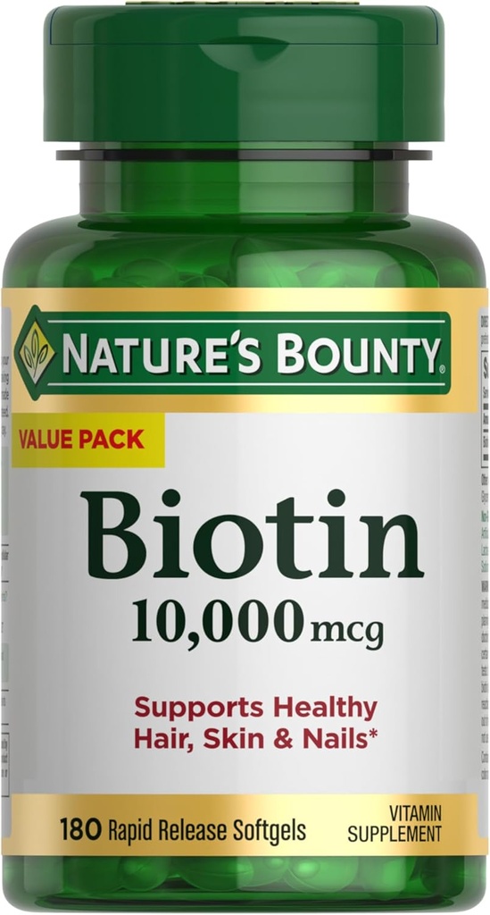 Nature's Bounty Biotin Hair Skin and Nails Βιταμίνες, Υποστηρίζει υγιή μαλλιά, δέρμα και νύχια, 10.000 mcg, Rapid Release Softgels, 180 Ct