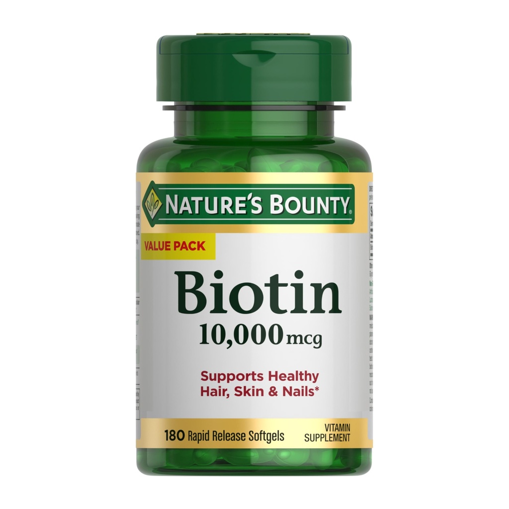 Nature's Bounty Biotin Hair Skin ve Nails, Sağlıklı Saçlar, Skin ve Nails, 10.000 mcg, Hızlı Yayın Softgels, 180 Ct