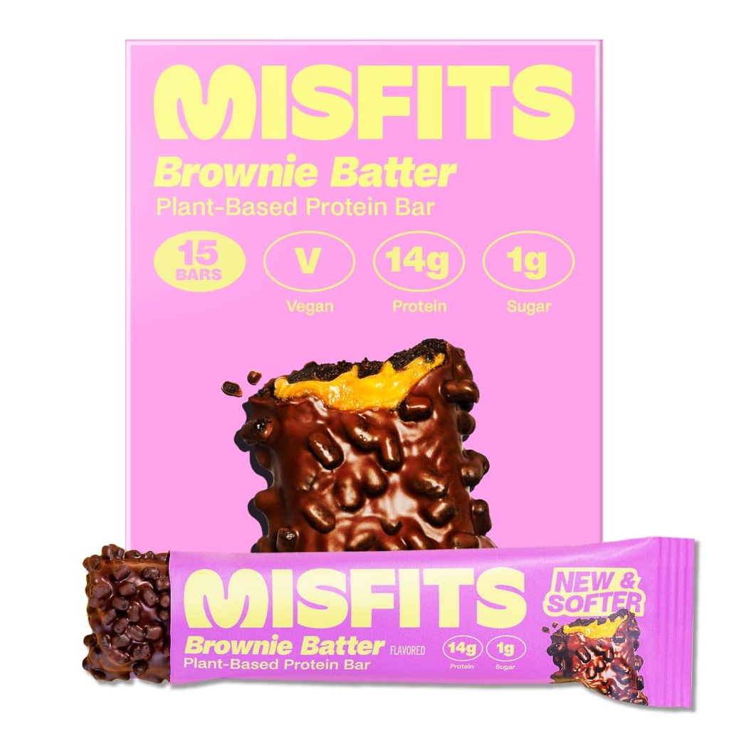 Misfits Vegan Protein Bars, Brownie Batter - Güncelleme Recipe | Plantive, Low Sugar & Carb, High Fiber Snacks | Pack of 15
